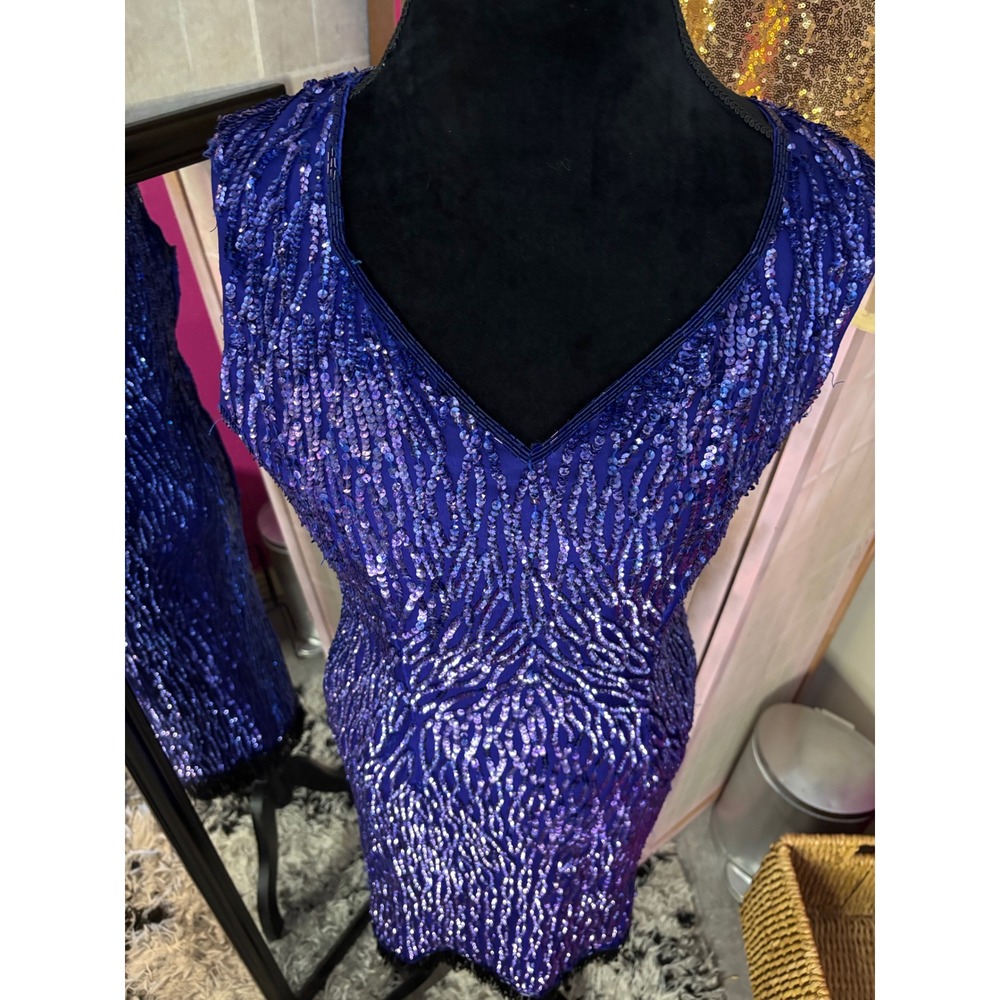 Vintage Blue Sequin‎ Cocktail dress V-Neck Keyhole Back Fringe Hem Sleeveless